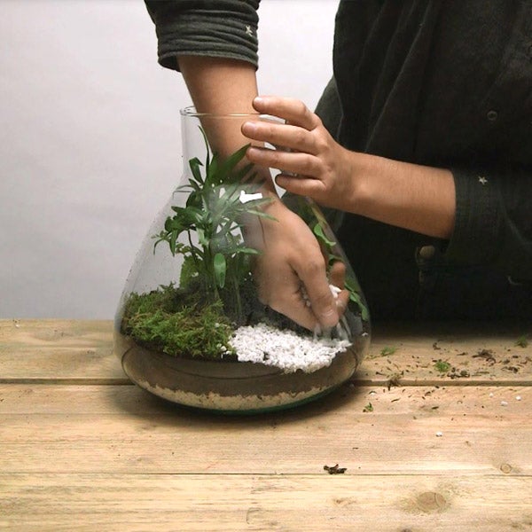 DIY planten terrarium Stap 2: Aarde in het terrarium doen